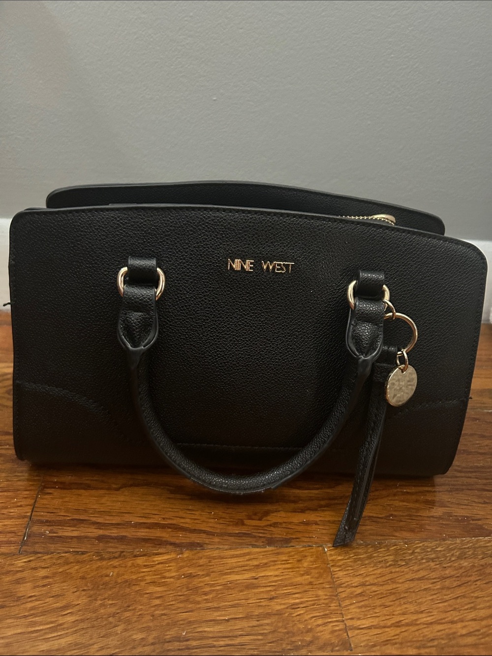 Nine West Black Pebbled Satchel Crossbody Purse with Gold Accents